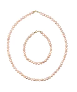 Collana e bracciale in perle rosa e chiusura in oro giallo