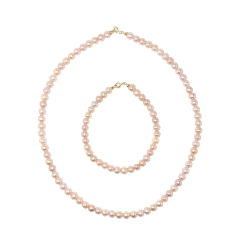 Collana e bracciale in perle rosa e chiusura in oro giallo